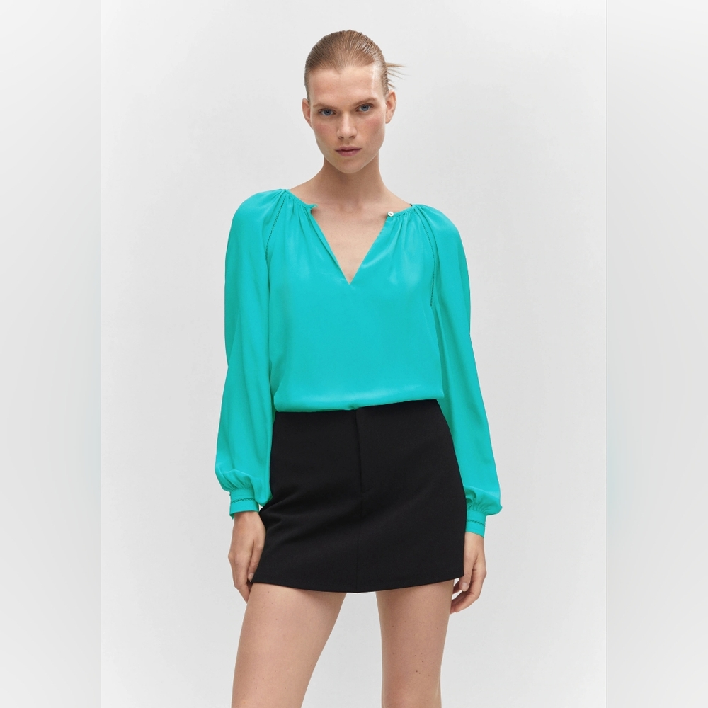 Mango Turquoise V-Neck Blouse